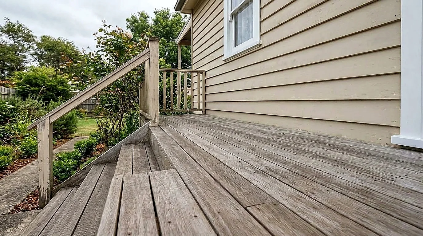 Weathered timber deck and weathered exterior wall before restoration
